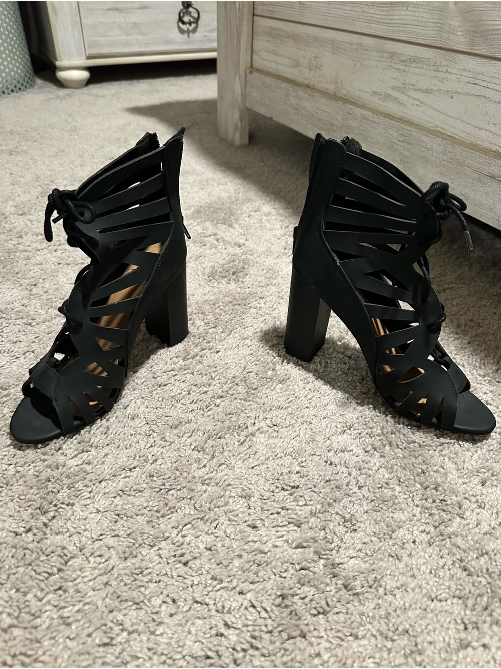 Black Lace-Up Cutout Women's Heeled Sandals - Picture 2 of 5